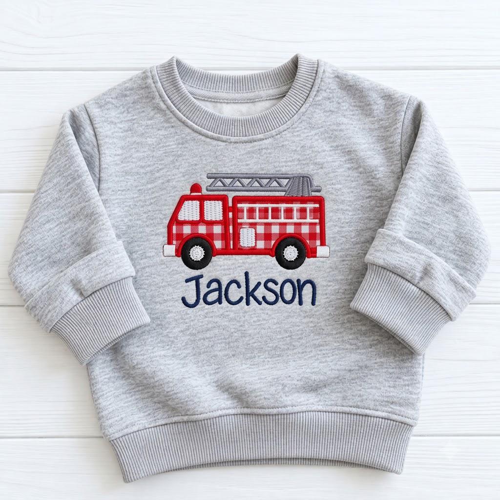Red Gingham Fire Truck Toddler Sweatshirt, Custom Name Firetruck Embroidered Pullover, Firefighter Birthday Gift, Kids Fire Engine Sweater