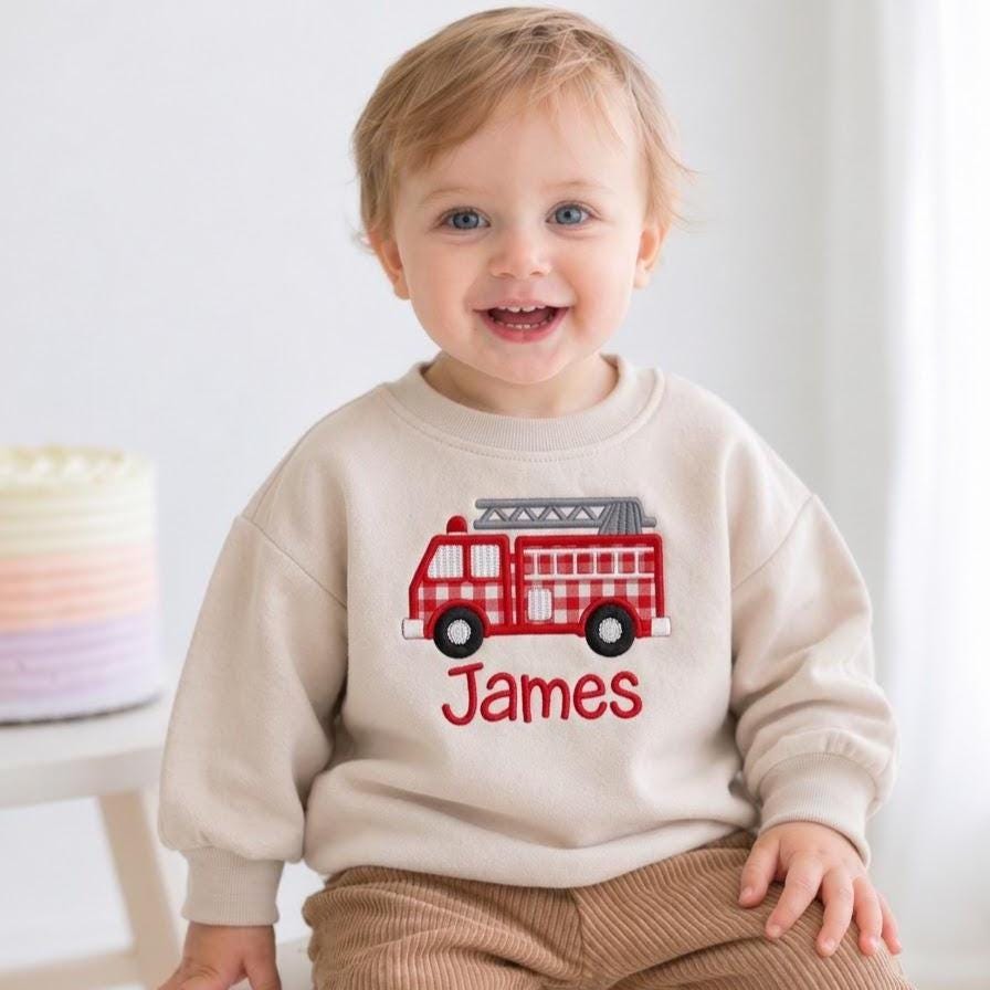 Red Gingham Fire Truck Toddler Sweatshirt, Custom Name Firetruck Embroidered Pullover, Firefighter Birthday Gift, Kids Fire Engine Sweater