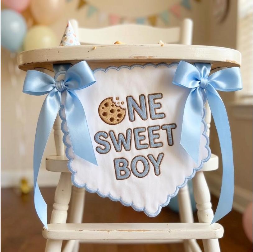 One Sweet Boy Birthday Banner, First Birthday Embroidered Banner, Bow Cookie Theme, 1st Birthday Party Decor, Baby Boy High Chair Banner