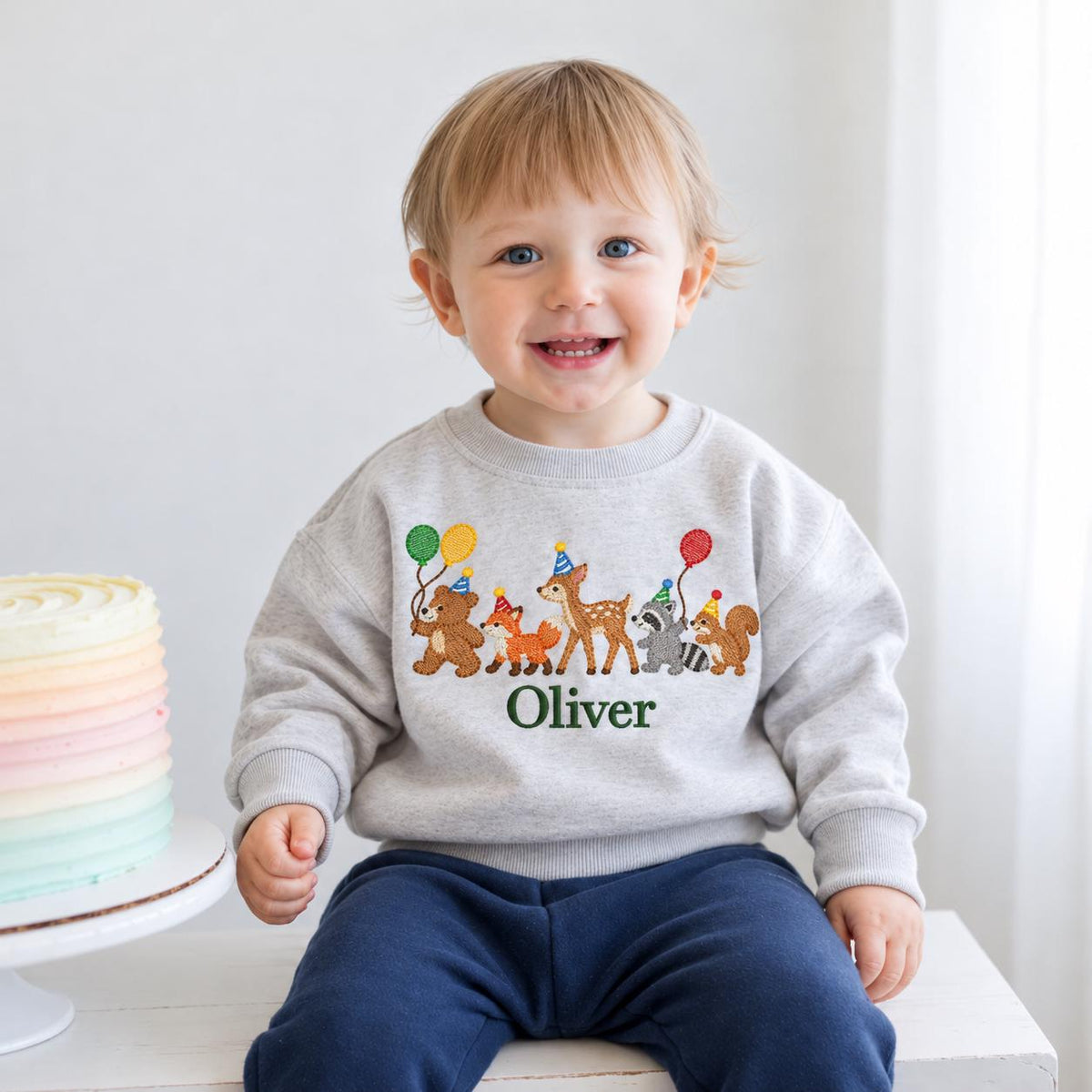 Personalized Woodland Birthday Sweatshirt, Embroidered Forest Animals Baby Sweater, Custom Name Toddler Pullover, First Birthday Gift
