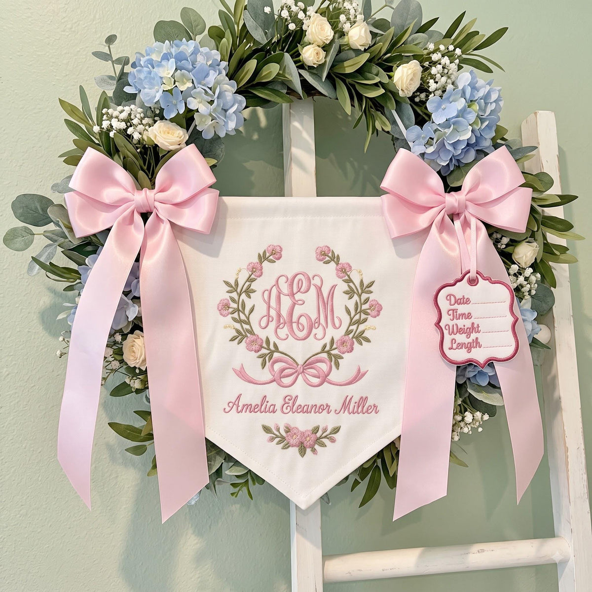 Personalized Baby Birth Announcement Wreath, Embroidered Name Banner, Floral Nursery Decor, Pink Bow Hospital Door Hanger, Baby Girl Gift