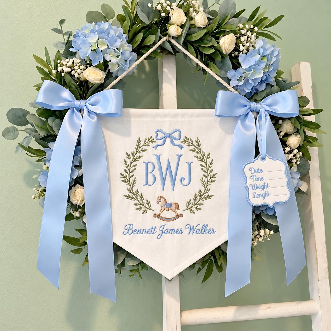 Personalized Rocking Horse Baby Birth Announcement Banner, Embroidered Baby Name Pennant, Blue Nursery Decor, Baby Boy Shower Gift