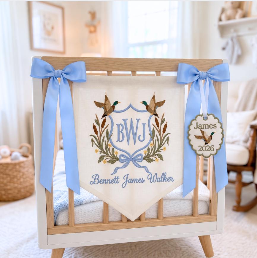 Personalized Duck Monogram Banner, Embroidered Name Birth Announcement, Hunting Nursery Bassinet Decor, Newborn Boy Gift