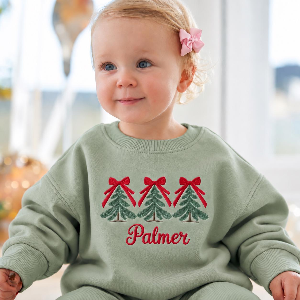 Coquette Christmas Tree Toddler Sweatshirt, Custom Name Embroidered Kids Sweater, Christmas Outfit, Holiday Gift for Baby Girl