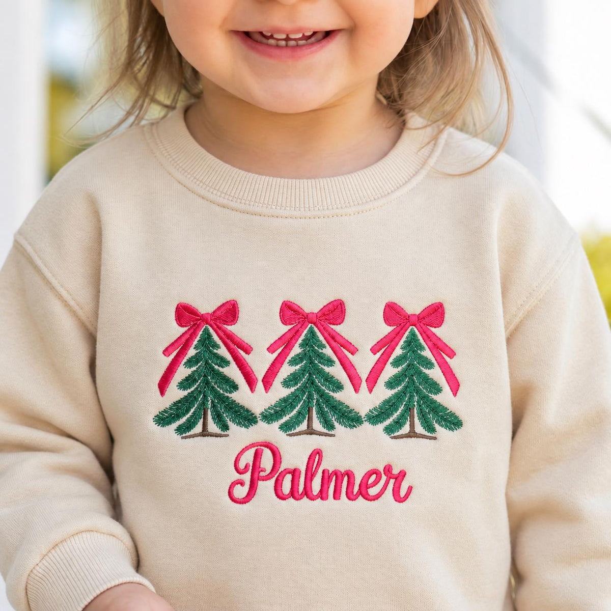 Coquette Christmas Tree Toddler Sweatshirt, Custom Name Embroidered Kids Sweater, Christmas Outfit, Holiday Gift for Baby Girl