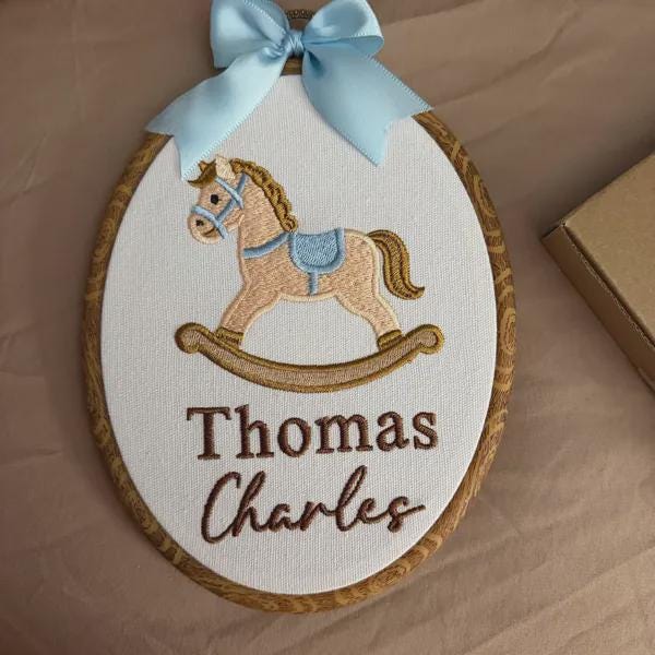 Personalized Rocking Horse Baby Name Sign, Embroidered Vintage Nursery Wall Decor, Neutral Nursery Gift for Newborn